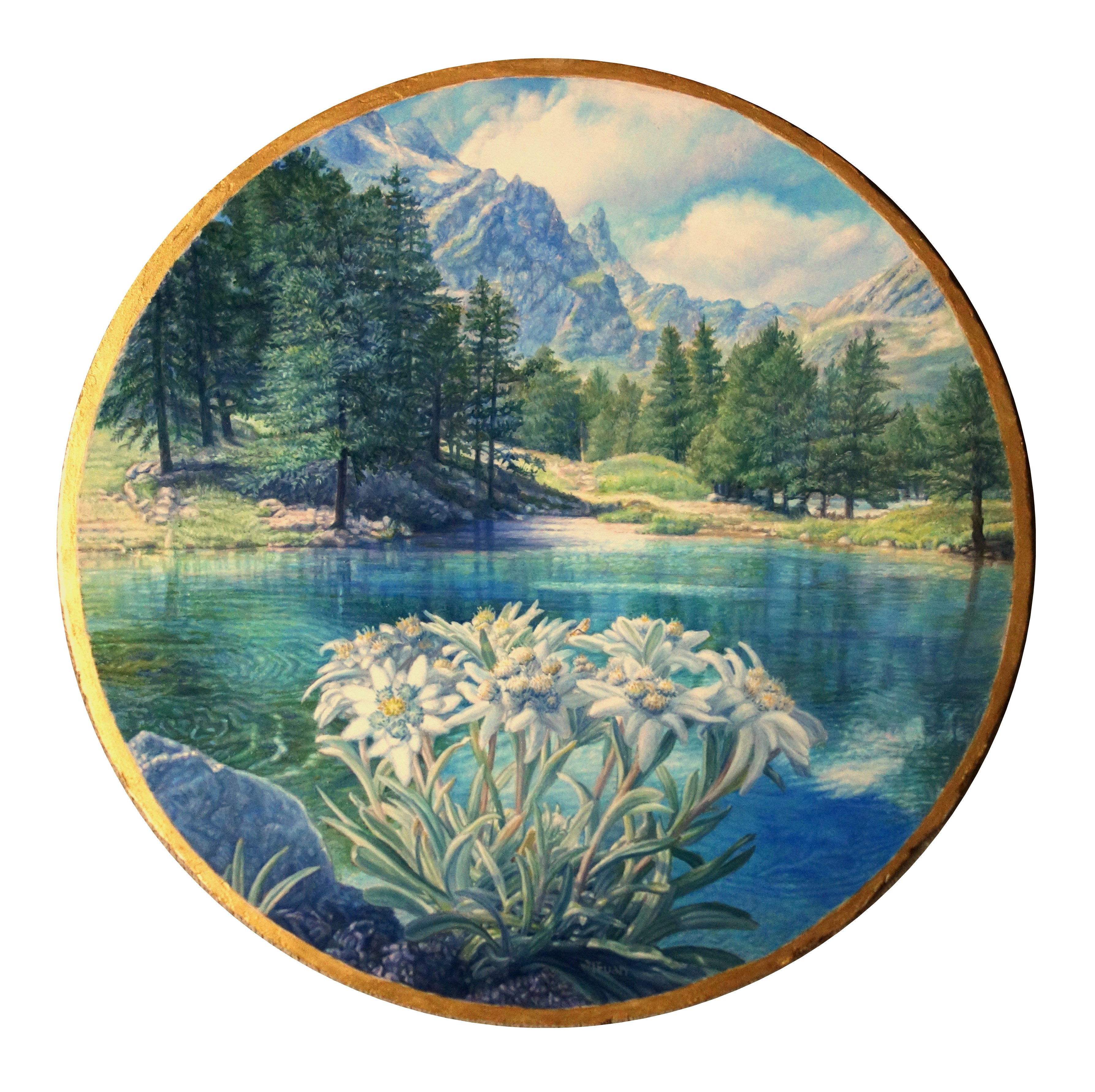 Edelweiss on the Lake, 2022, acrylic and oil on canvas on good, diameter 14.17 in.
