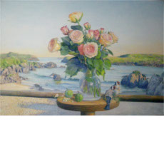 Vase with Roses and Goldfinches by the sea, 2014 | oil on canvas, 31.6 x 45.2 in.
