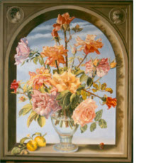 Vase of Roses and Fruits-Homenage to Bosschaert, 1997 | oil on wood, 33.1 x 27.2 in.
