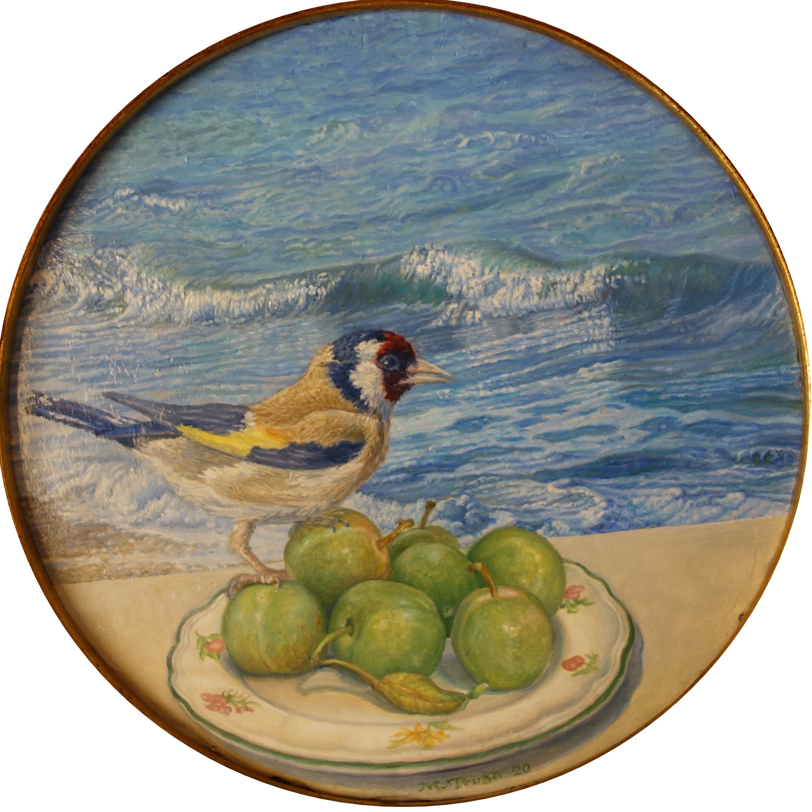 Plums and goldfinch on the beach, 2020, oil on canvas on wood, diameter 8.6 in.