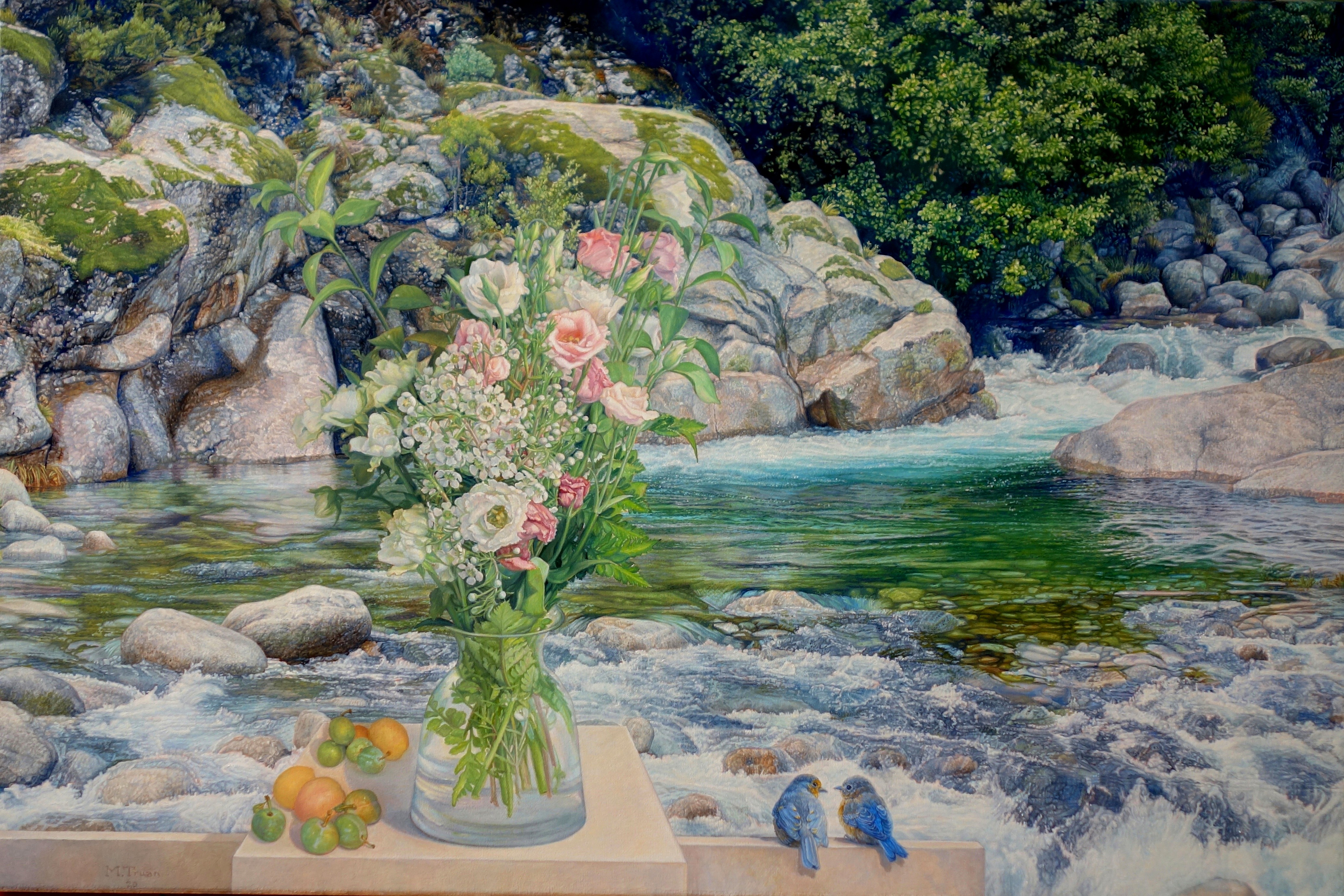 Eustomas and roses on the river, 2020 | oil on canvas, 21.2x28.7 in.