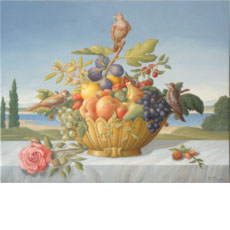 Landscape with vessel of Fruits and birds I, 2003 | oil on canvas, 17.3 x 21.7 in.