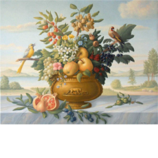 Landscape with Vessel of Fruits and birds II, 2003 | oil on canvas, 17.3 x 21.7 in.