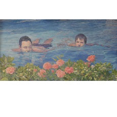 Aes in Swimming Pool with Flowers and Fruits.Bathers, 2011 | oil on canvas, 23.8 x 45.2 in. | Collection of the Artist