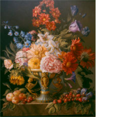 Flowers and Fruits of Summer to Mercedes Pirla, 1998 | oil on wood, 28.4 x 23.7 in.| Private Collection