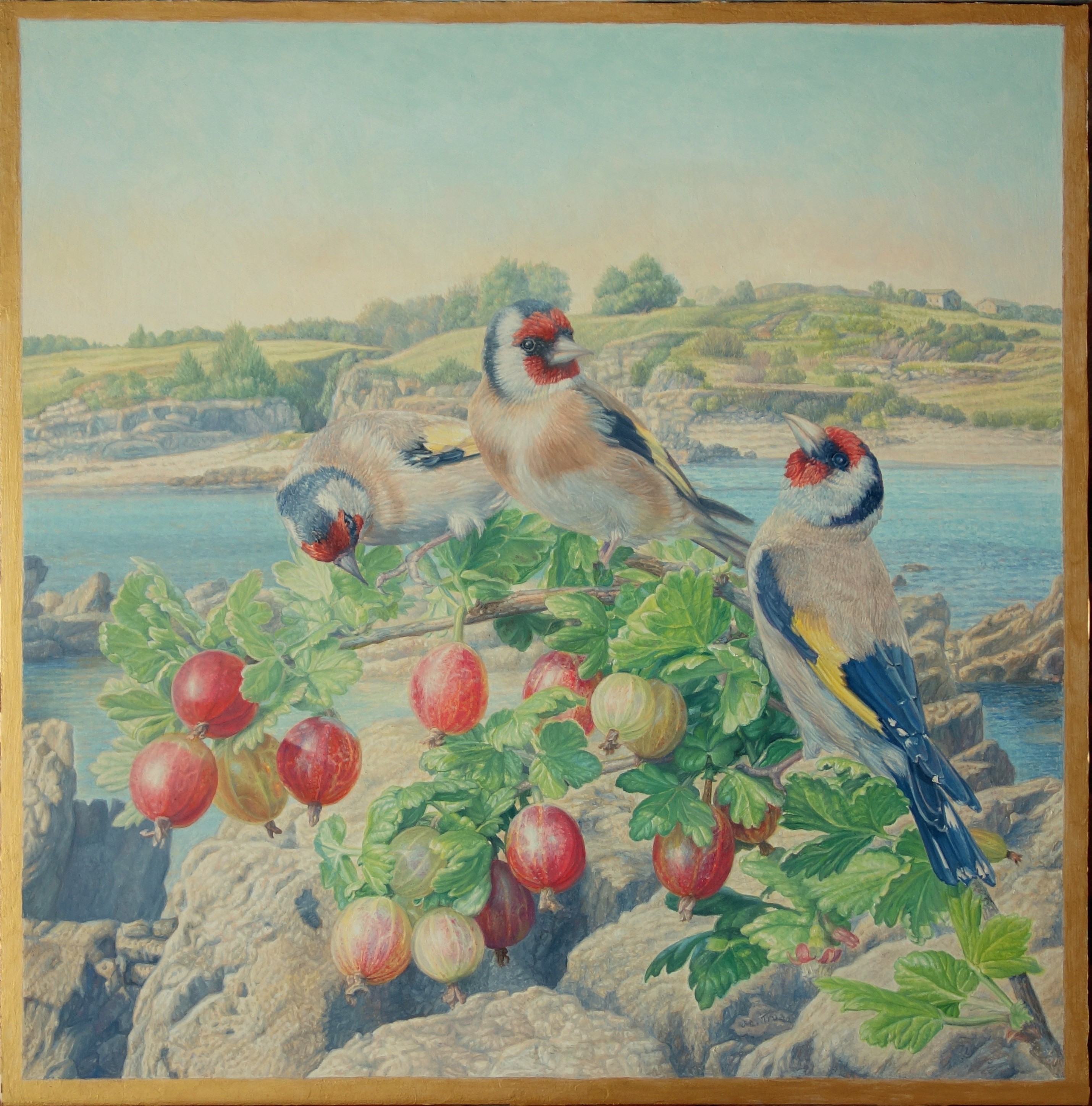 Goldfinches and gooseberries on the beach,2016 | oil on wood, 16.5x16.5in.