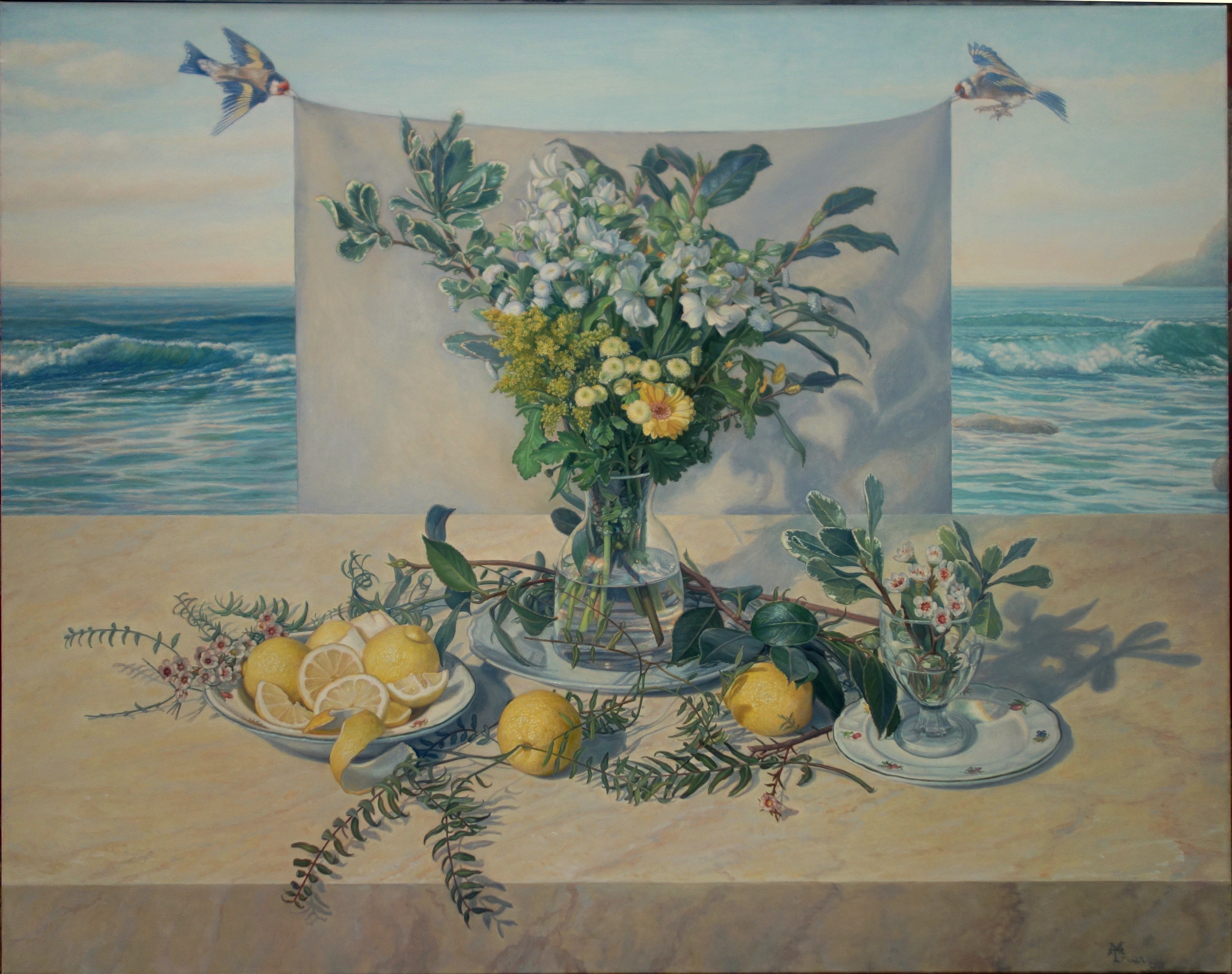 Flowers and lemons with goldfinches on the beach, 2021 | oil on canvas, 28.7x36.2in.