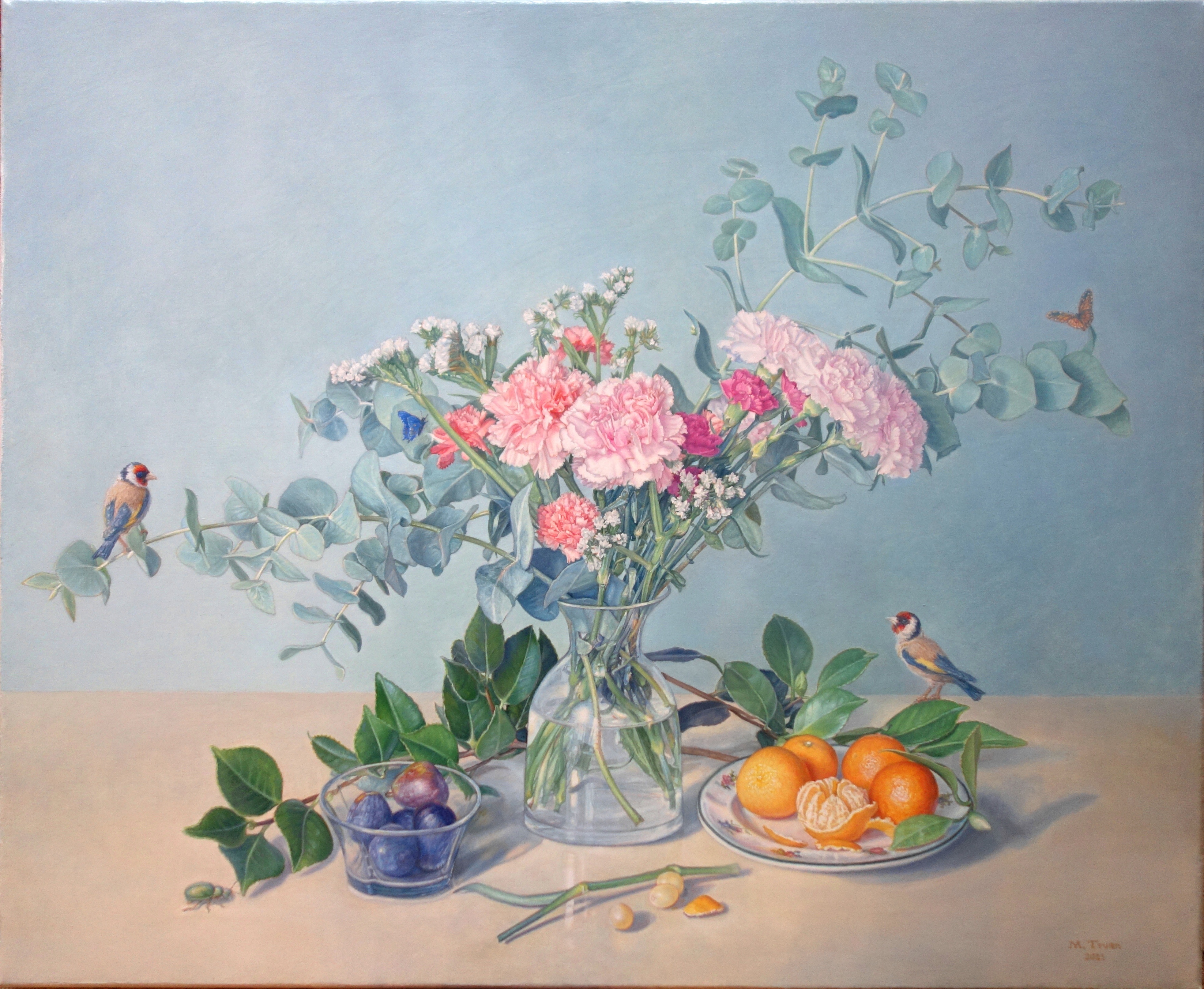 Carnations, mandarins and goldfinches, 2020, oil on canvas, 23.6x28.7 in.