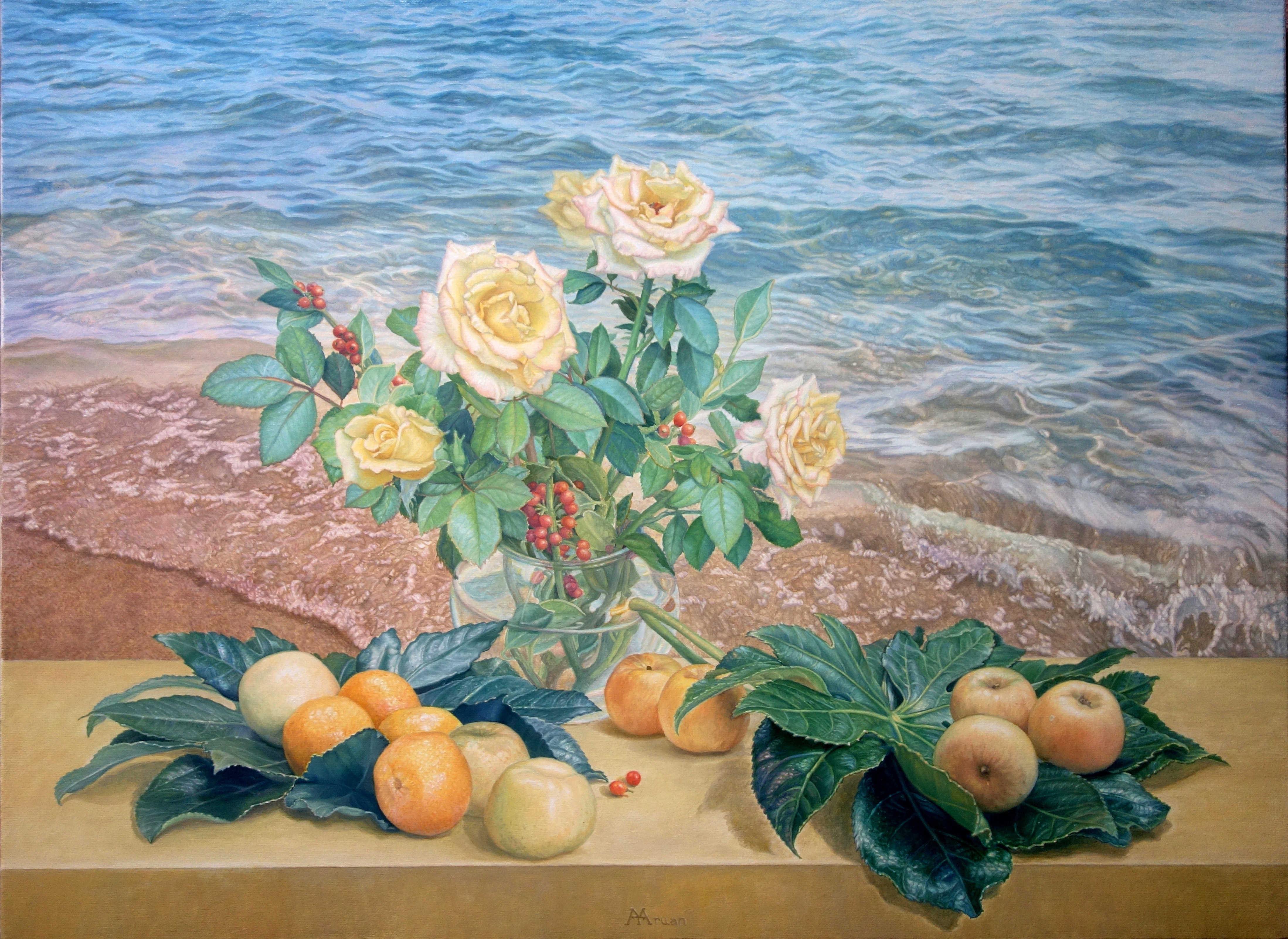 Roses, apples and ardisias in Les Marines,2018, oil on canvas, 21.2x28.7in.