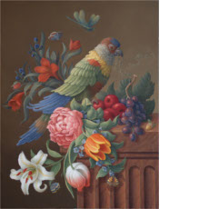Flowers and Fruits with Bullfinch-lorie, Butterflies and Dragonfly, 2003 | oil on canvas, 17.1 x 13 in. | Private Collection