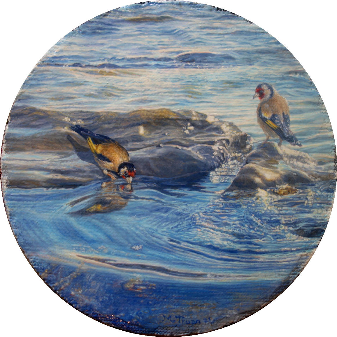 Goldfinches on the rocks, 2021, oil on canvas on wood, diameter 8.6 in.