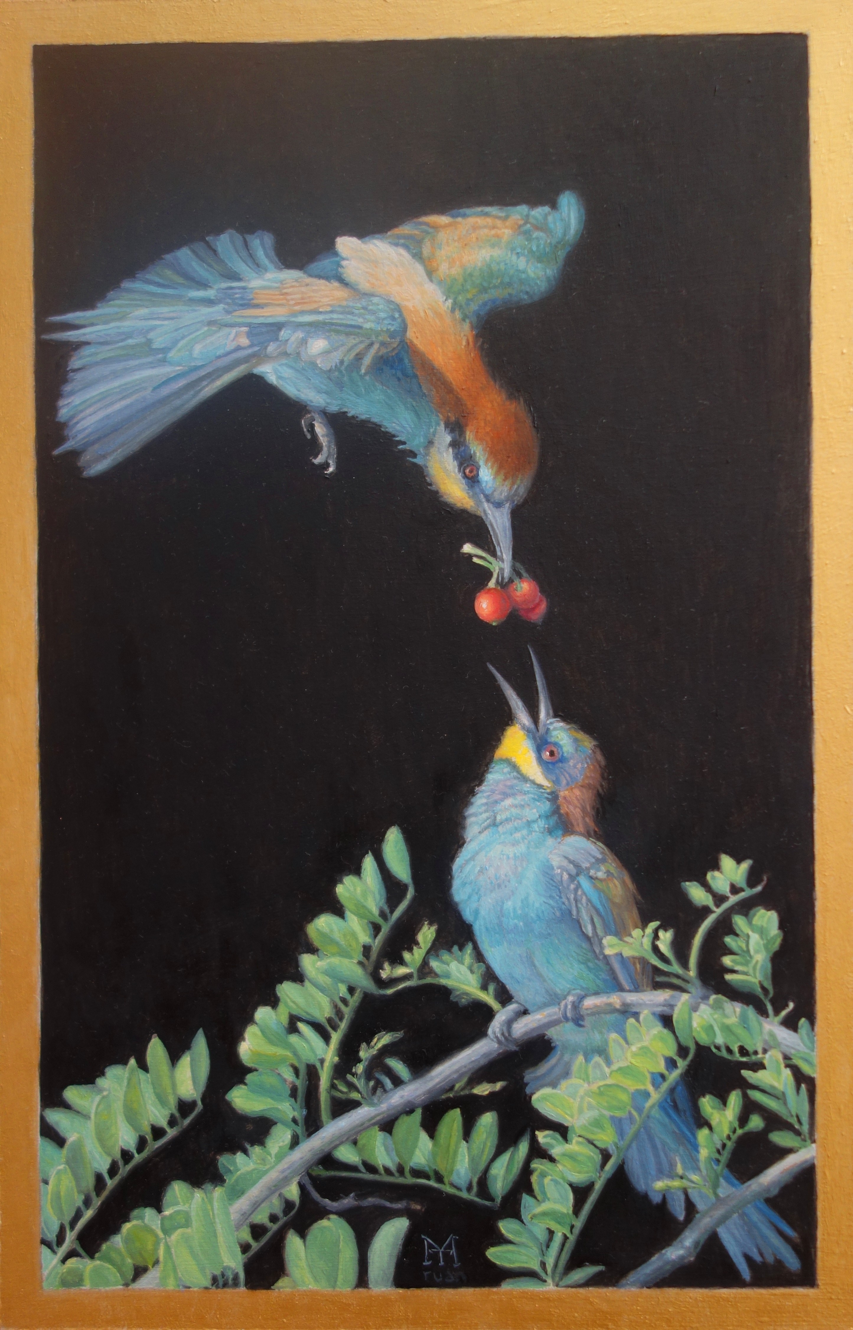 Bee-eaters and ardisias,2018,oil on wood,11.8x7.6in