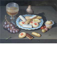 Sweets II (pastas, chocolates, grapes, cup) with sparrow, 2003 | oil on canvas, 13 x 17.1 in.