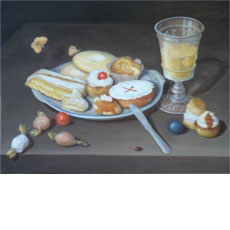 Sweets I (cakes, truffles, pralines, cup) with Butterflies, 2003 | oil on canvas, 13 x 17.1 in.