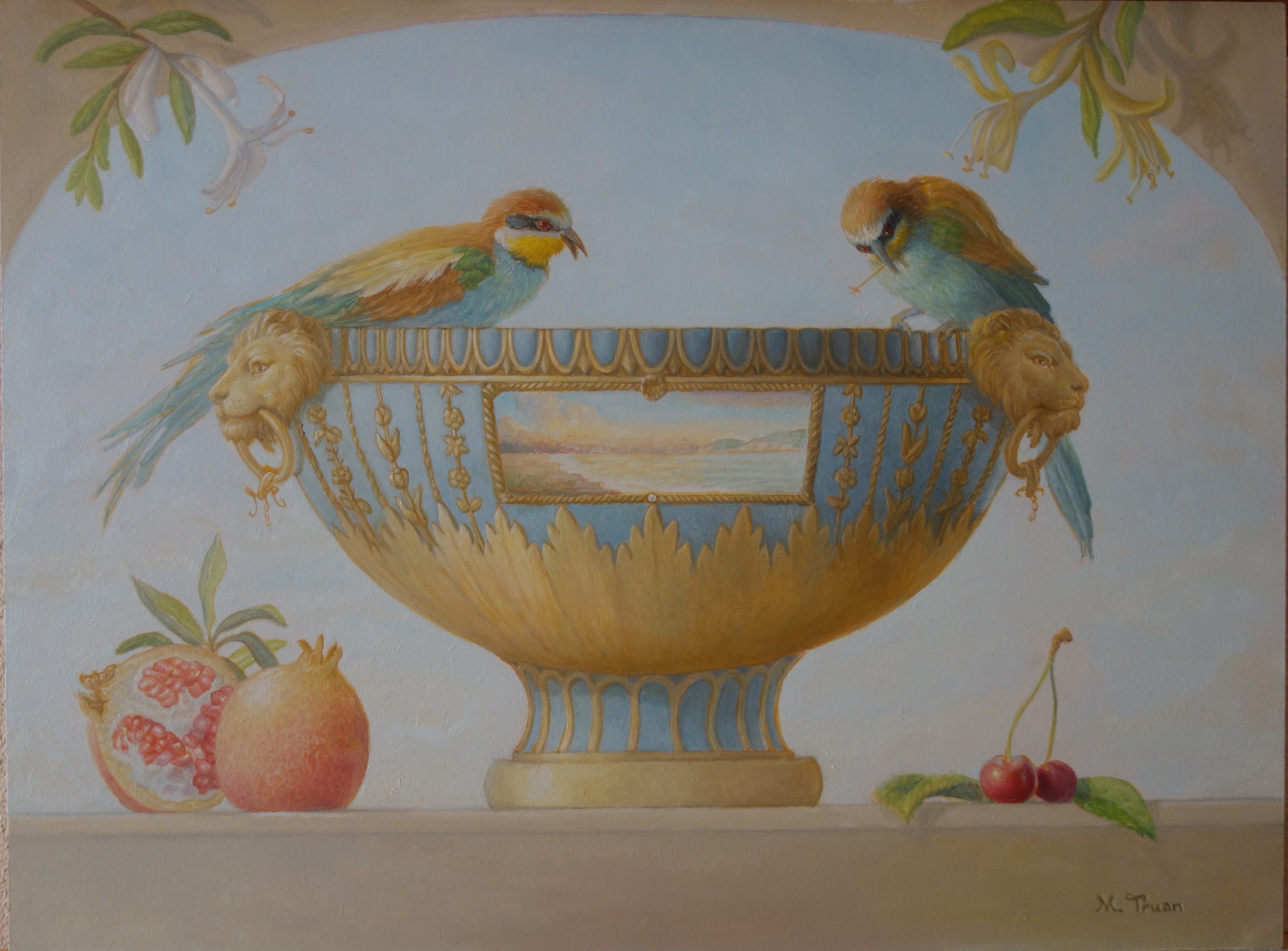 Trio of Roses and Tulips with Plums and Grapes, 2023, oil on canvas, 28,74x39,37 in.